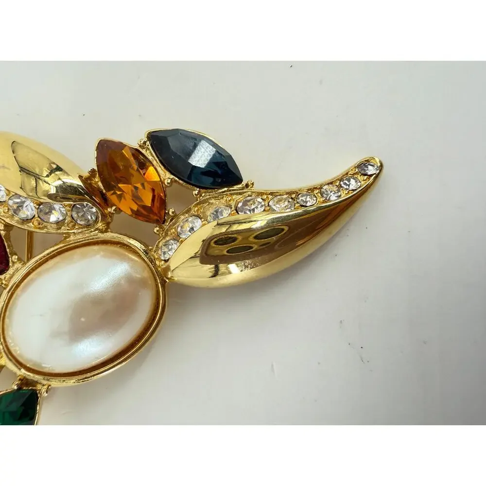 Blazer Brooch Colorful Jewel Tone Rhinestone Faux Pearl  Monet 3 Inch Statement